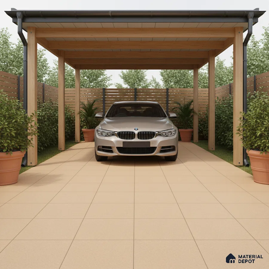 Modern parking with beige outdoor floor tiles and natural wood pergola