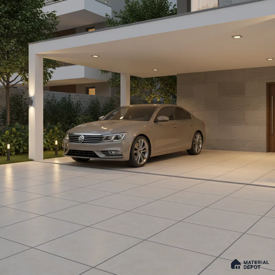 Modern parking area with large beige floor tiles and stone cladding wall