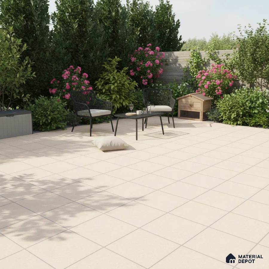 Modern outdoor patio with ivory floor tiles and black metal furniture