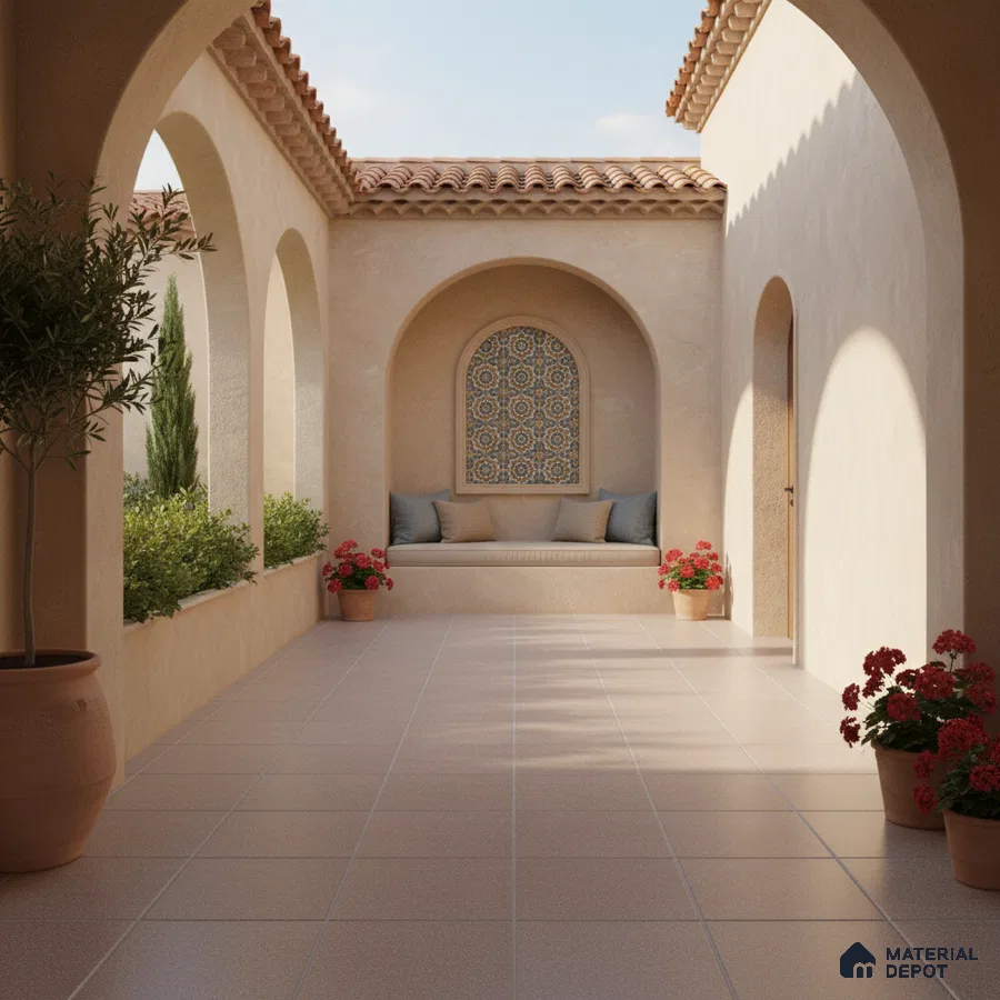 Mediterranean outdoor courtyard with terracotta roof, beige stucco walls, and patterned mosaic accent tile