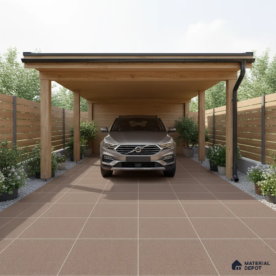 Modern parking with wooden cladding, brown matte floor tiles, and horizontal wood fencing