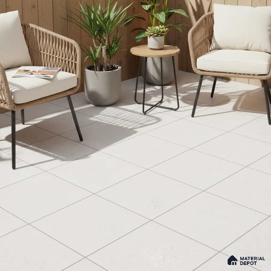 Scandinavian outdoor seating with white matte floor tiles and natural wood wall cladding