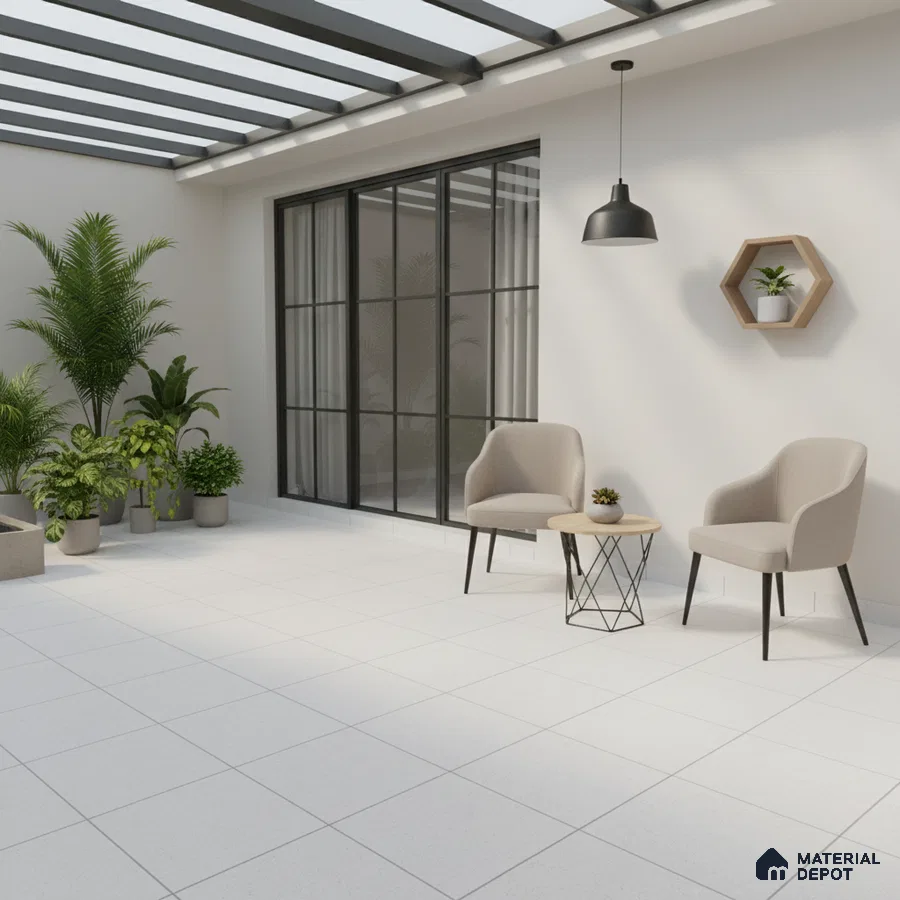 Minimalist balcony with white floor tiles, glass roof, and neutral seating