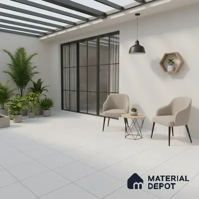 Minimalist balcony with white floor tiles, glass roof, and neutral seating