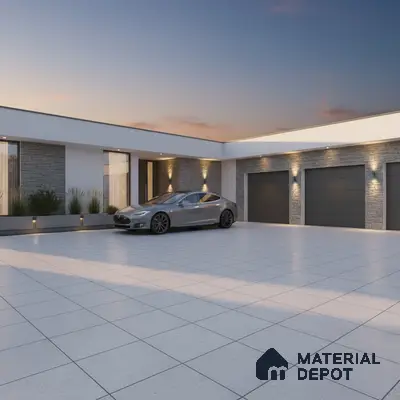 Modern parking with large format grey floor tiles and stone cladding accent walls