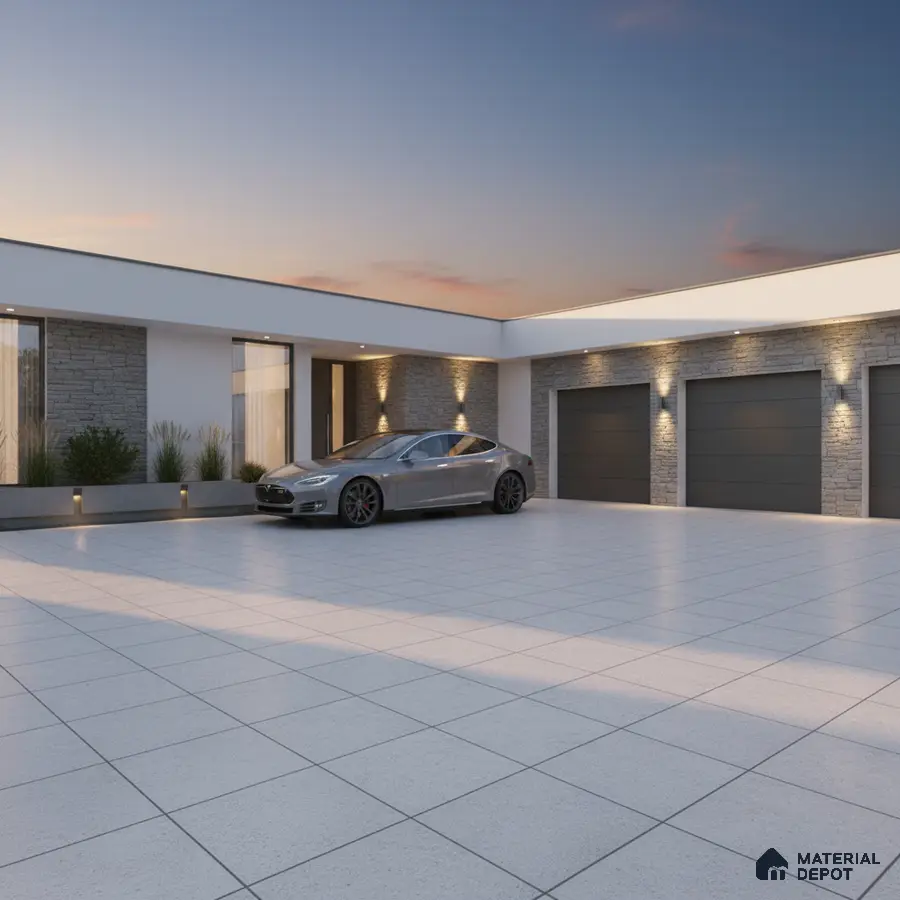 Modern parking with large format grey floor tiles and stone cladding accent walls