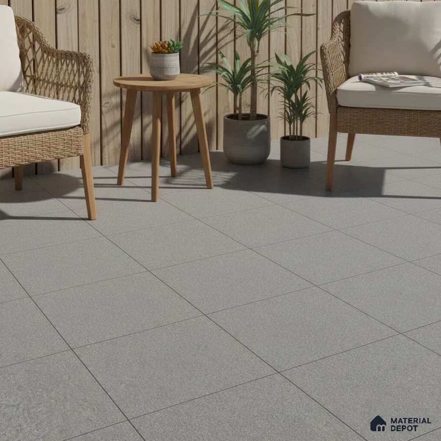 Scandinavian outdoor space with light grey matte floor tiles and natural wood louver wall