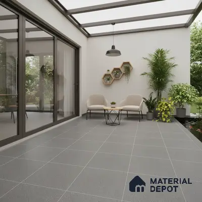 Modern balcony with grey matte floor tiles and minimalist outdoor seating