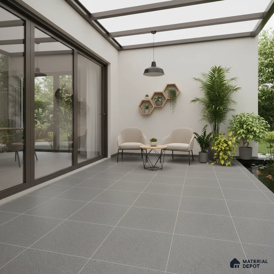Modern balcony with grey matte floor tiles and minimalist outdoor seating