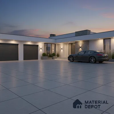 Modern parking with large format grey outdoor tiles and stone cladding accent wall