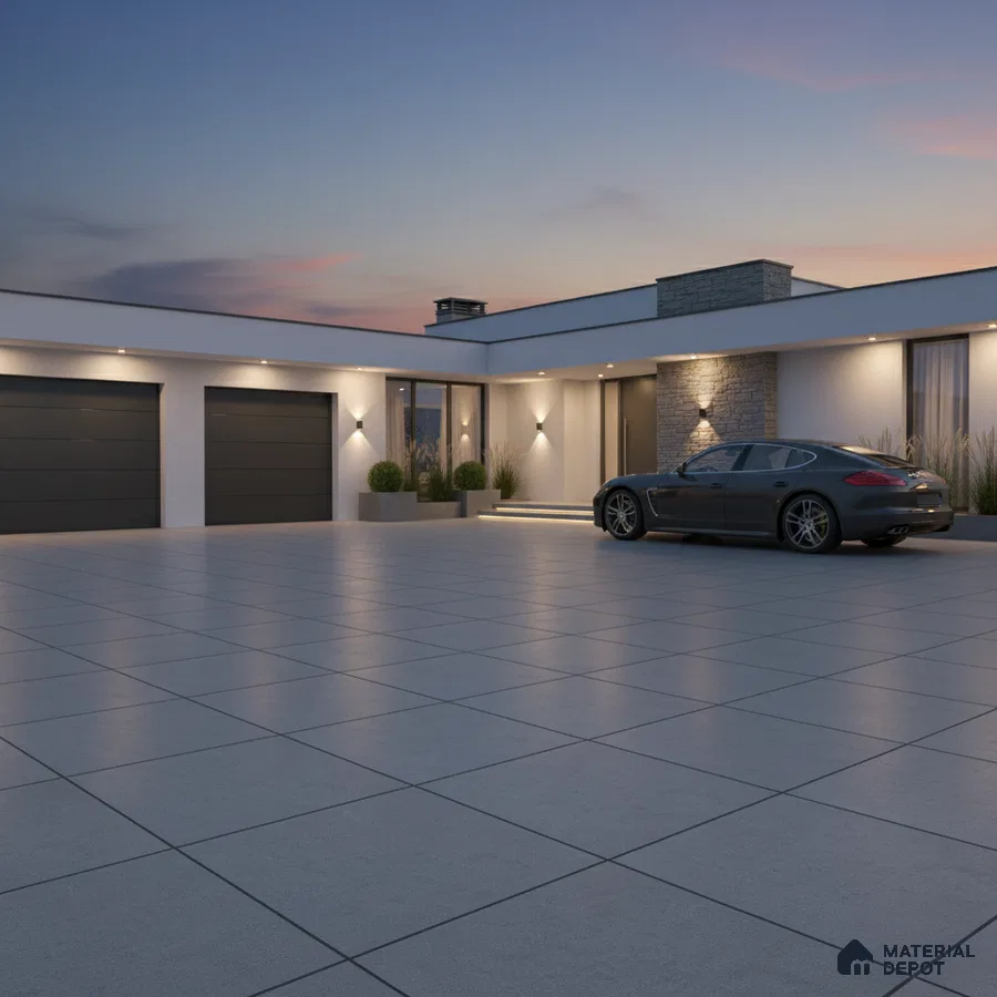 Modern parking with large format grey outdoor tiles and stone cladding accent wall