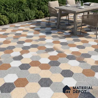 Modern outdoor patio with multicolor hexagonal stone floor tiles