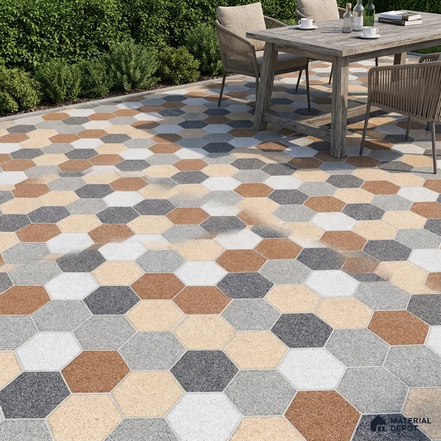 Modern outdoor patio with multicolor hexagonal stone floor tiles