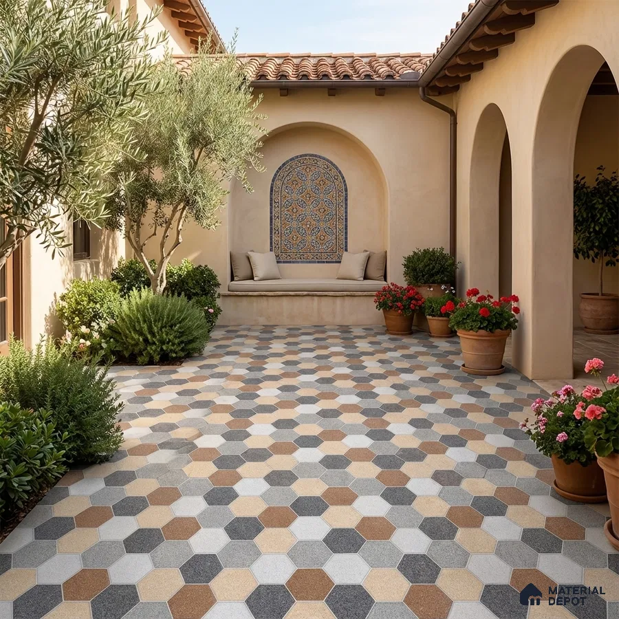 Mediterranean outdoor courtyard with hexagonal patterned floor tiles and decorative mosaic wall tile