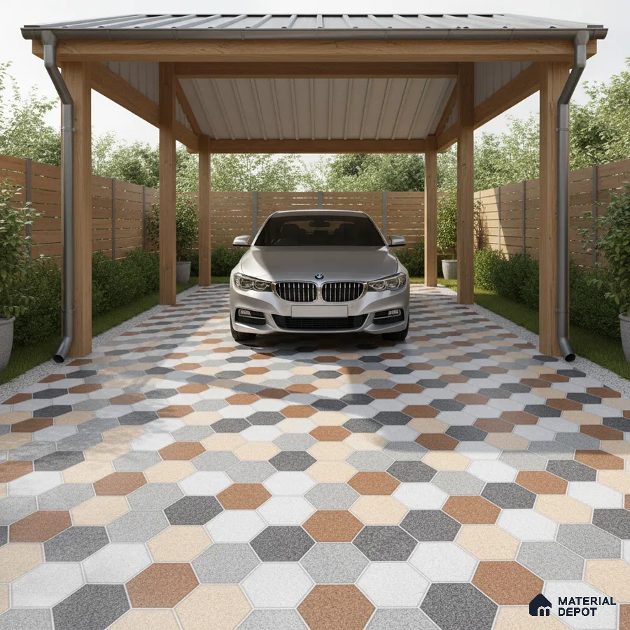 Modern parking with multicolor hexagonal floor tiles and wooden carport structure