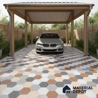 Modern parking with multicolor hexagonal floor tiles and wooden carport structure
