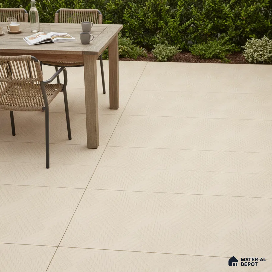 Minimalist outdoor patio with beige textured floor tiles and natural wood dining set