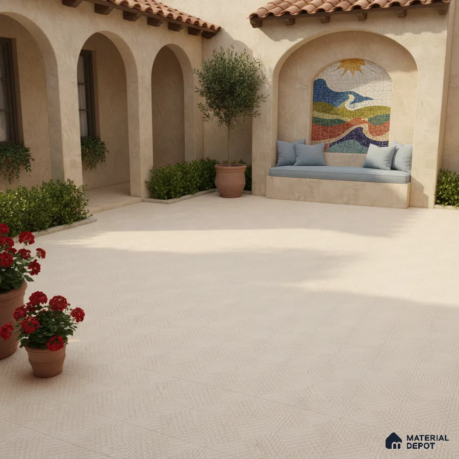 Mediterranean outdoor courtyard with beige textured floor tiles and mosaic accent wall