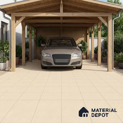 Modern parking with beige textured floor tiles and natural wood structure