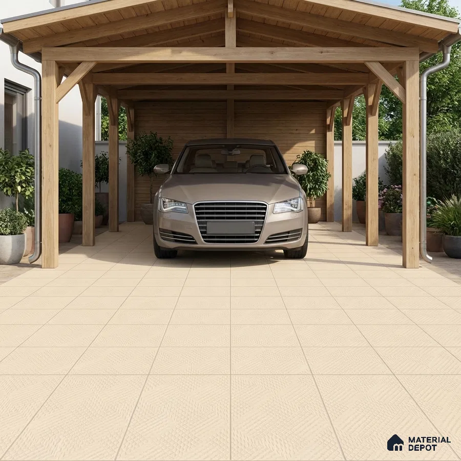 Modern parking with beige textured floor tiles and natural wood structure