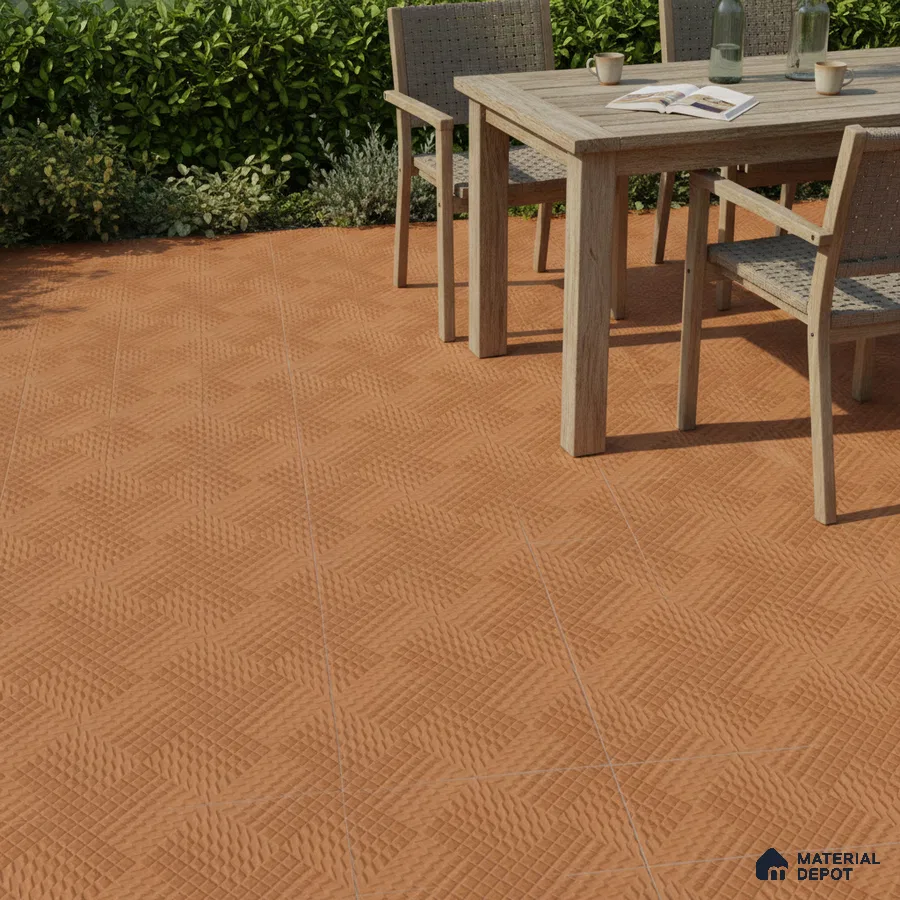 Modern outdoor patio with terracotta textured geometric floor tiles and natural wood furniture