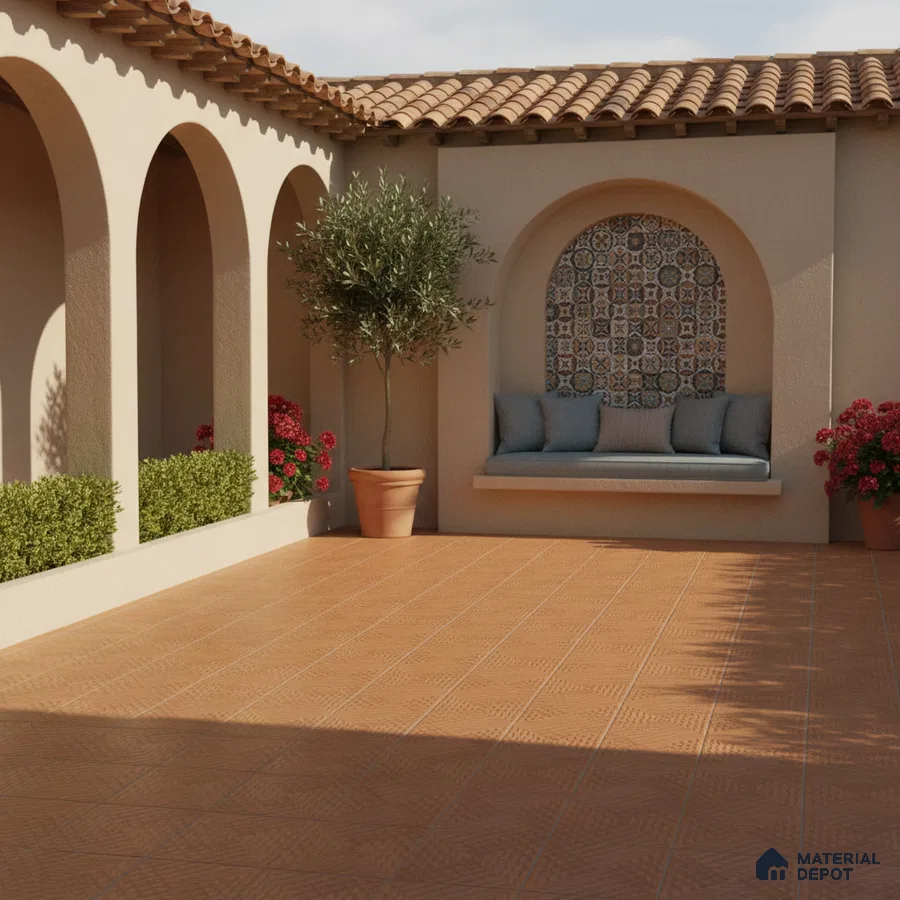 Mediterranean outdoor patio with terracotta floor tiles and patterned mosaic tile accent wall