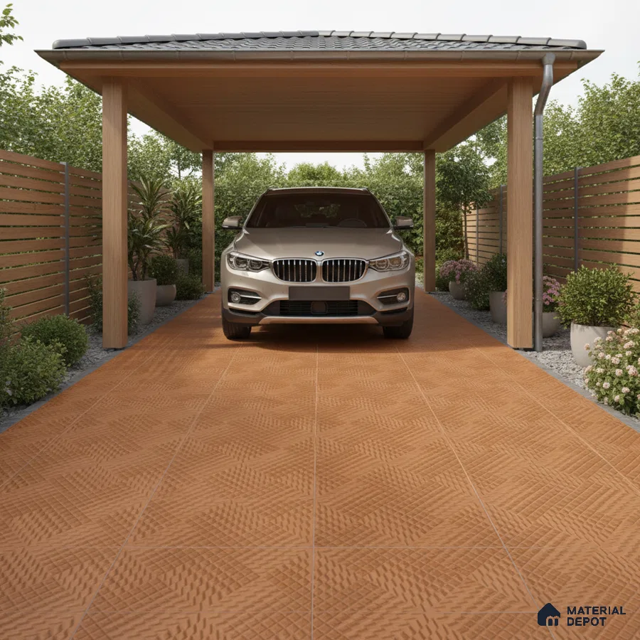 Modern parking with terracotta textured anti-skid floor tiles and wooden pergola