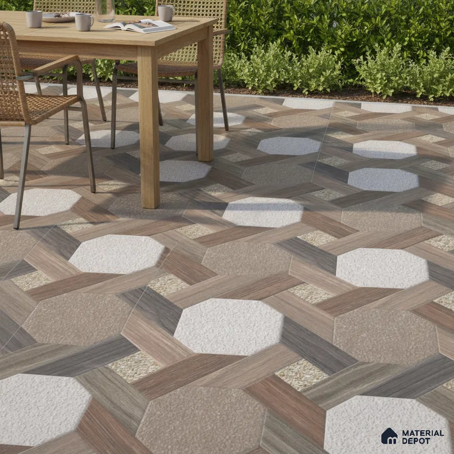 Modern outdoor space with geometric octagonal patterned floor tiles in wood and stone look