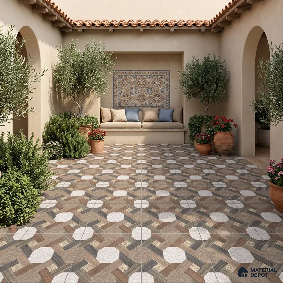 Mediterranean outdoor courtyard with geometric patterned floor tiles and decorative mosaic wall tile