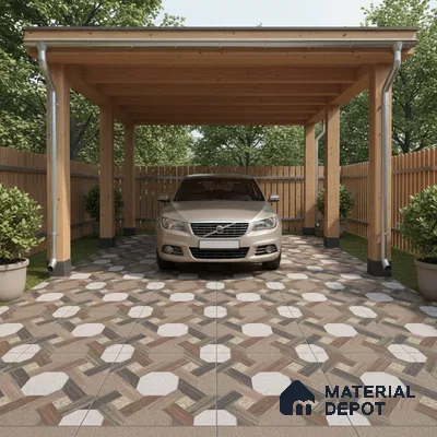 Modern parking with geometric patterned floor tiles and wooden carport structure