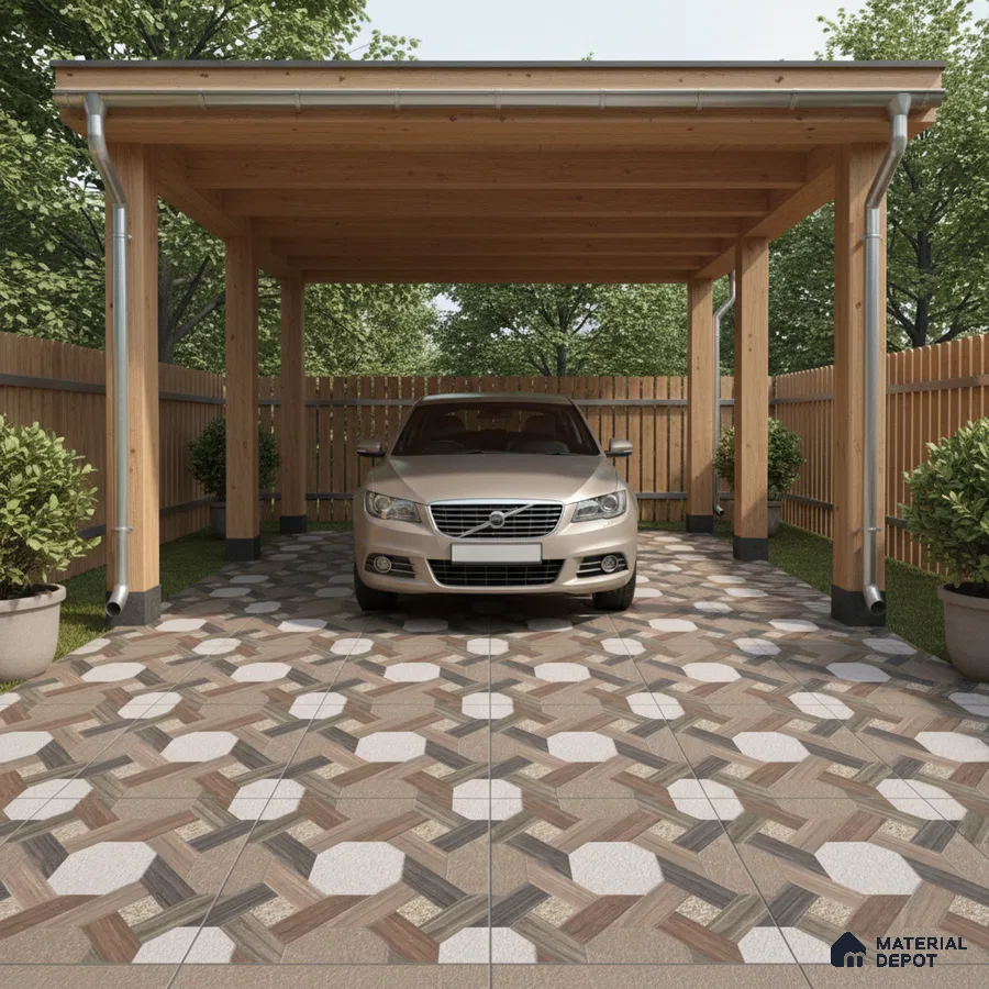 Modern parking with geometric patterned floor tiles and wooden carport structure