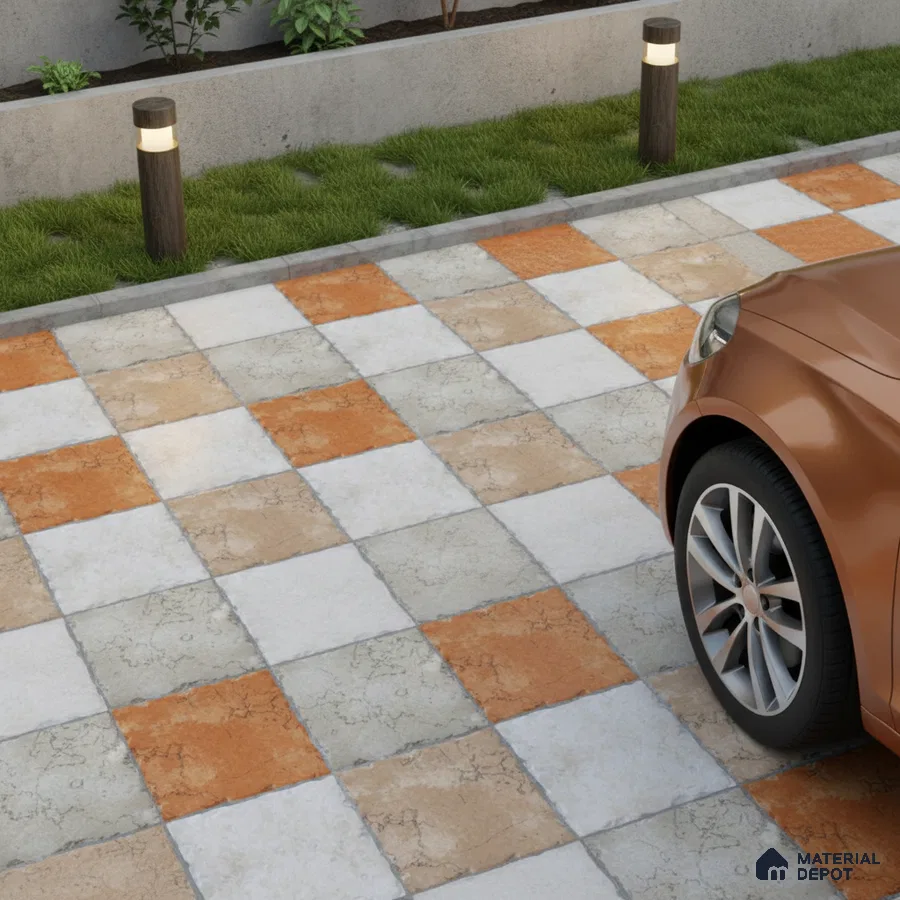 Modern parking with terracotta and grey checkerboard outdoor floor tiles