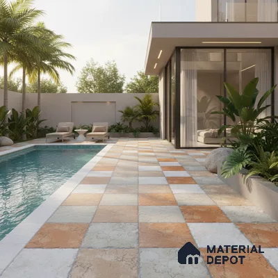 Modern outdoor poolside with terracotta and beige stone checkerboard floor tiles