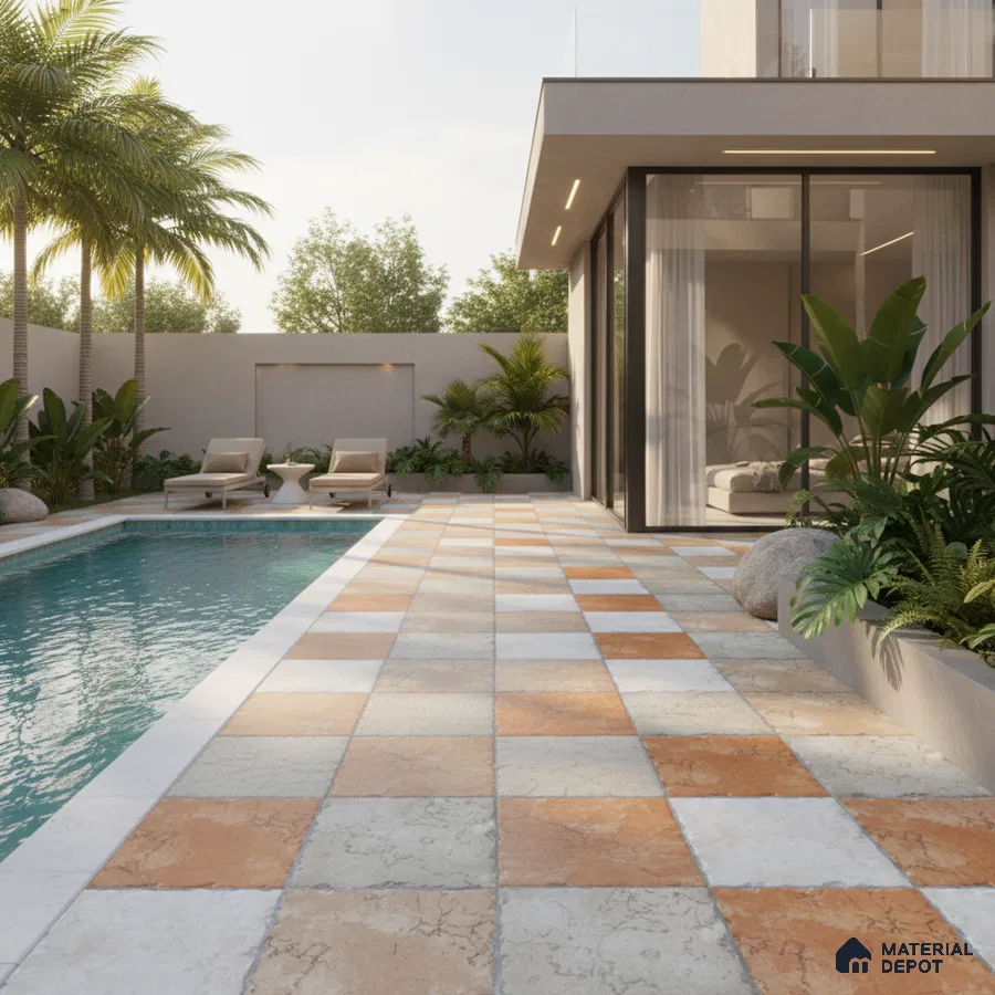Modern outdoor poolside with terracotta and beige stone checkerboard floor tiles