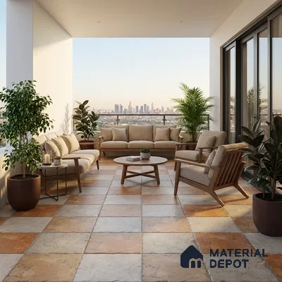Modern balcony with terracotta and beige stone-look floor tiles and wooden outdoor furniture