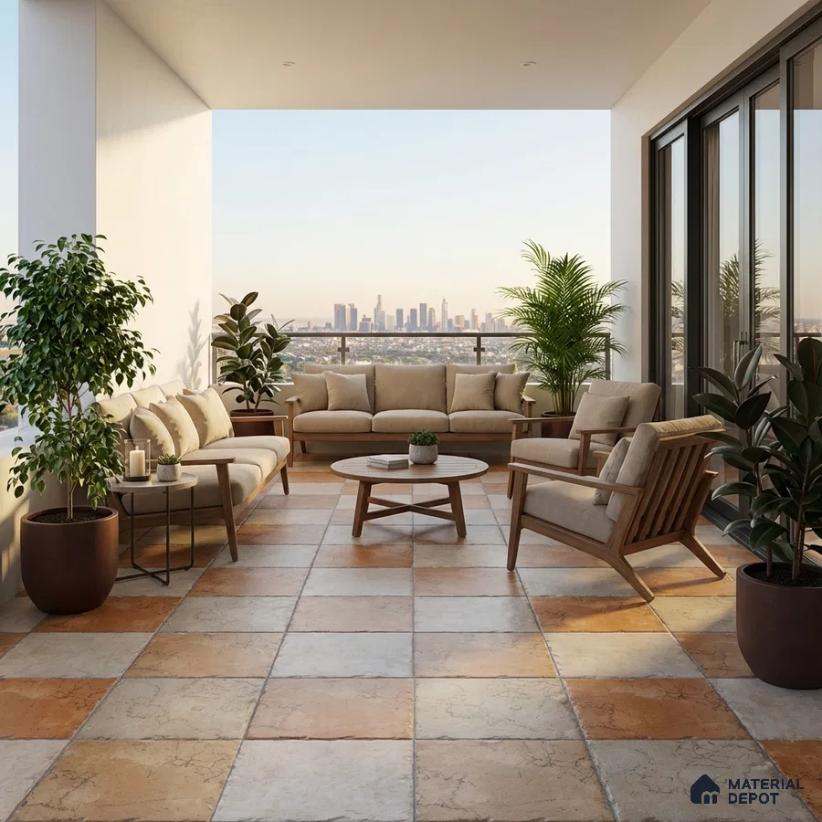 Modern balcony with terracotta and beige stone-look floor tiles and wooden outdoor furniture
