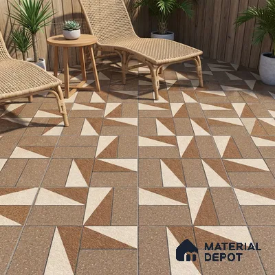 Modern outdoor space with geometric brown and beige floor tiles and wooden cladding