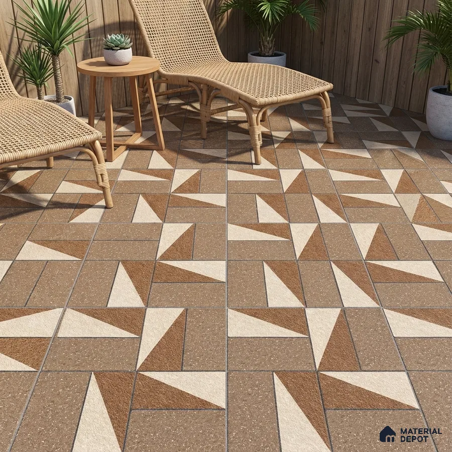 Modern outdoor space with geometric brown and beige floor tiles and wooden cladding