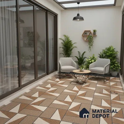 Modern balcony with geometric brown and beige floor tiles and minimalist seating