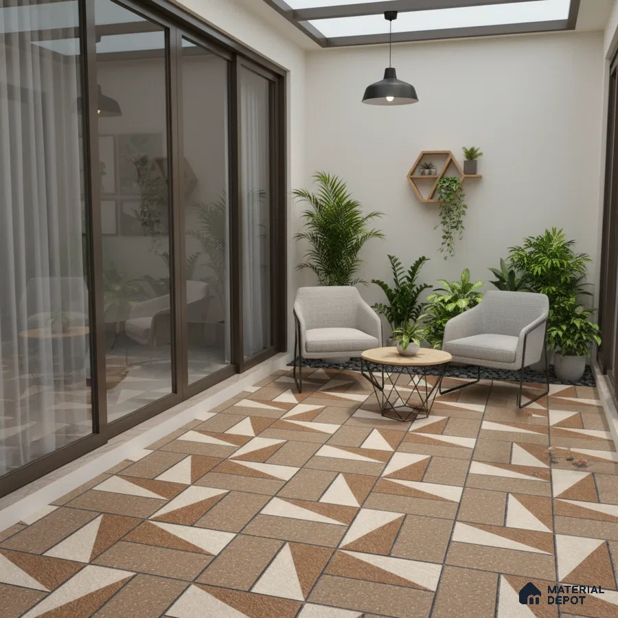 Modern balcony with geometric brown and beige floor tiles and minimalist seating
