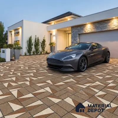 Modern parking with geometric brown and beige outdoor floor tiles and stone cladding accent wall