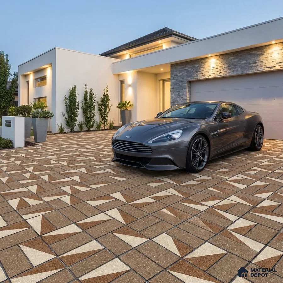 Modern parking with geometric brown and beige outdoor floor tiles and stone cladding accent wall