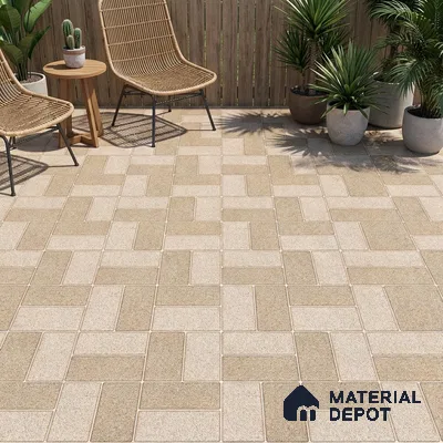 Modern outdoor space with beige geometric floor tiles and rattan furniture