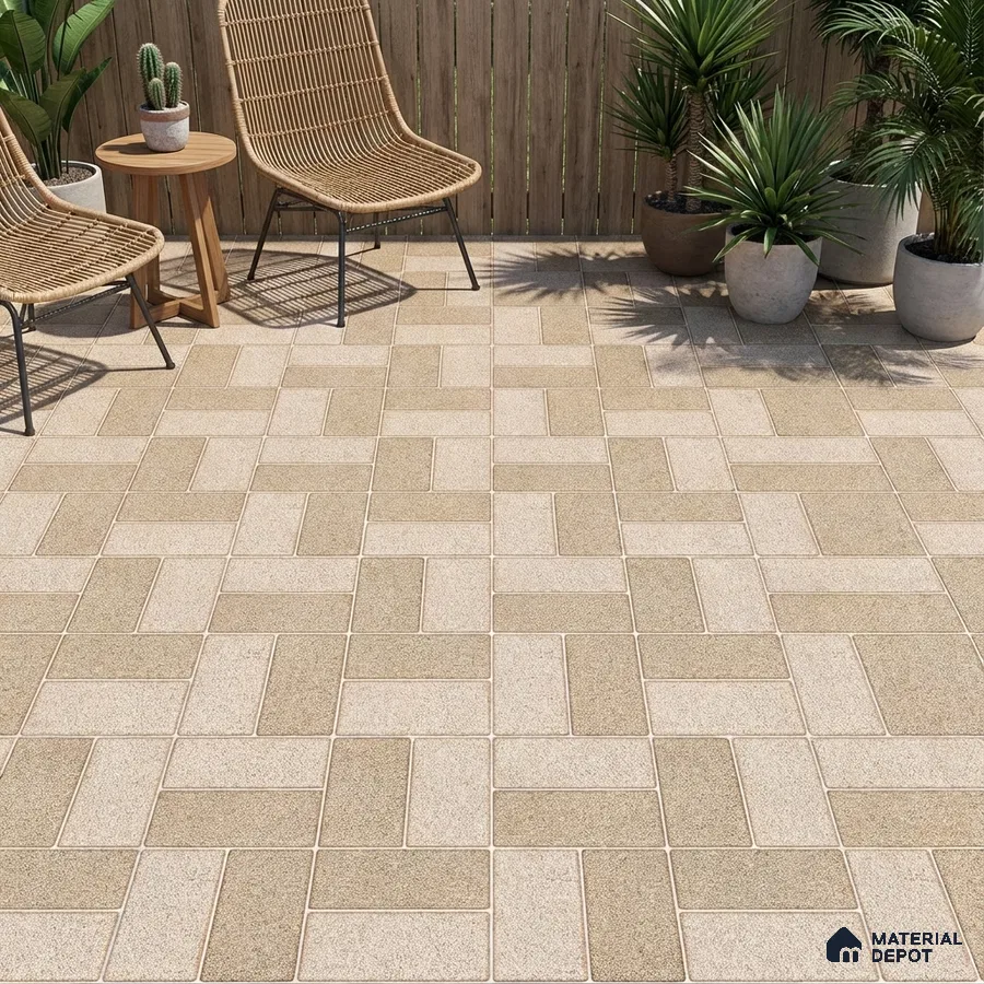 Modern outdoor space with beige geometric floor tiles and rattan furniture