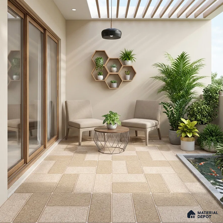 Scandinavian balcony with beige stone-look floor tiles and wooden accents