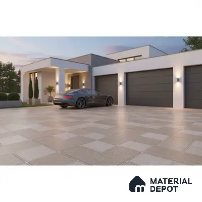 Modern parking with beige textured outdoor floor tiles and grey garage doors