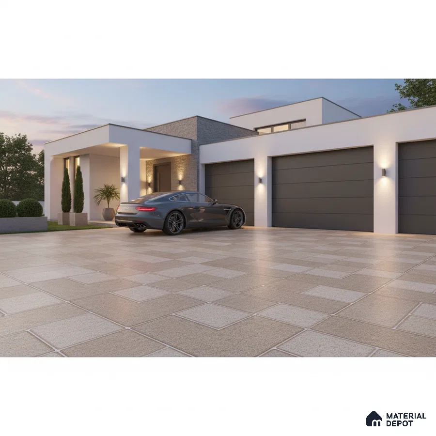 Modern parking with beige textured outdoor floor tiles and grey garage doors
