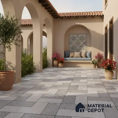 Mediterranean outdoor patio with patterned mosaic tile accent and terracotta roof