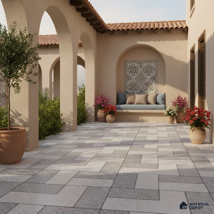 Mediterranean outdoor patio with patterned mosaic tile accent and terracotta roof