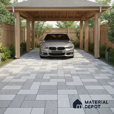 Modern parking with grey and white geometric outdoor floor tiles and natural wood pergola